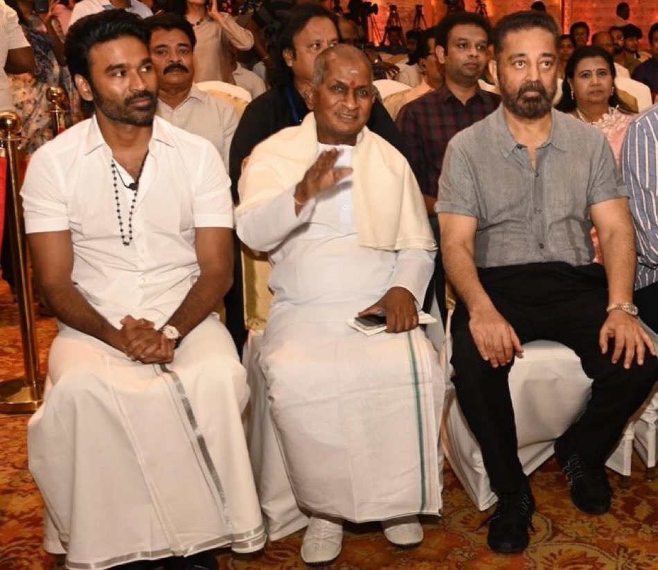 Ulaganayagan, Isaiganani & Dhanush at the Launch of Ilaiyaraaj Biopic❤️ @dhanushkraja 😍