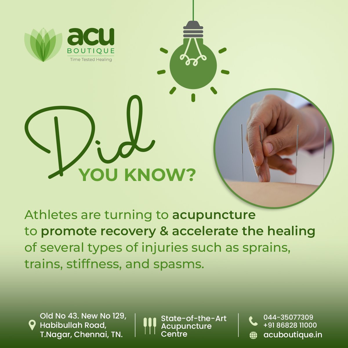 Say goodbye to injuries and hello to healing.

Discover the power of acupuncture for pain relief and faster recovery! 💪 

To Book an Appointment, Call : 044 - 3507 7309 

#acuboutique #aunctureHeals #painrelief #painreliever #painrelief #acupunctureclinic #didyouknow