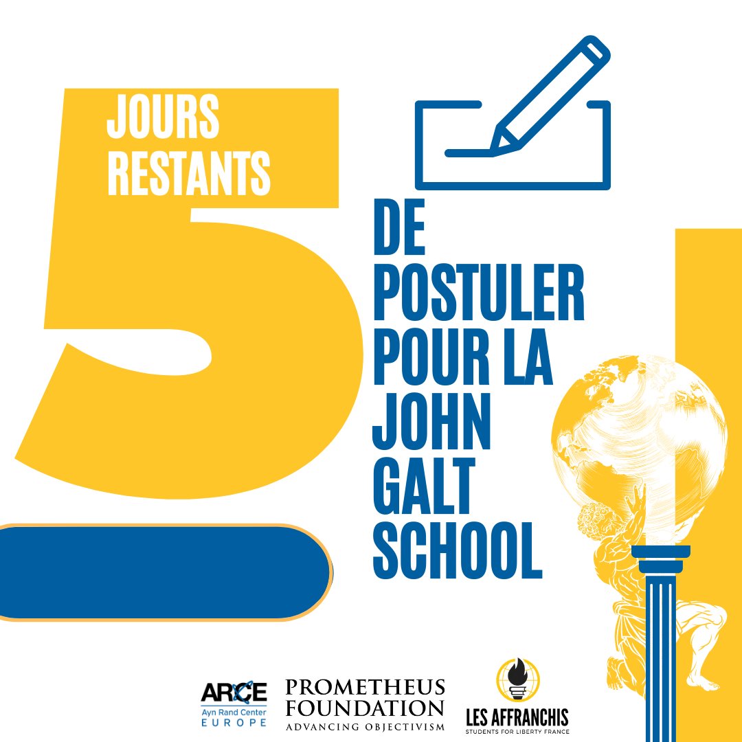 SFL_France's tweet photo. Il reste 5 jours pour candidater à la John Galt School. Postulez aujourd'hui pour profiter de cette opportunité d'apprendre de l'Objectivisme et ses applications à la société.
https://t.co/E9y2mKZF9E
#jgsfrance24 #jgsfrance #objectivisme #lesaffrachis #sflfrance #aynrand https://t.co/d330xlkC2o