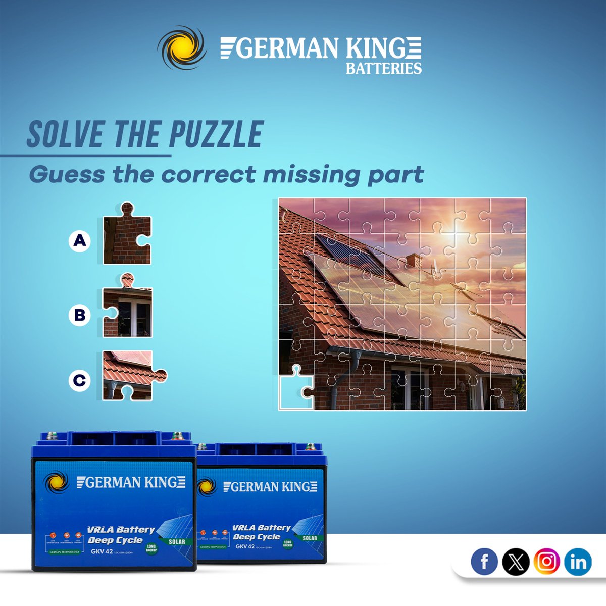 Can you solve this puzzle?
Try your hand at this brain teaser and see if you can answer it correctly.

#germankingbattery #germankingbatteries #quiz #GamePost #puzzlegame #puzzletime #solarbattery #solarenergypanels #solarpower #batterymanufacturers #Uganda #kampalauganda