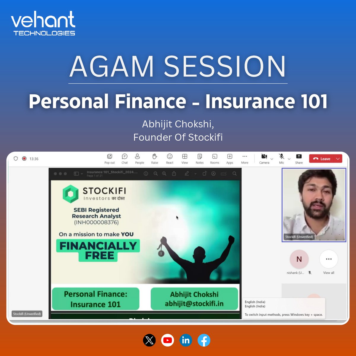 VehantTechnolo1's tweet photo. Thrilled to have hosted Abhijit Chokshi, founder of @stockifi_Invest as our distinguished AGAM Session speaker!
Topic : Personal Finance - Insurance 101
#vehant #insurance #agam #security #Finance #StockMarket https://t.co/bZGuyYpDJV