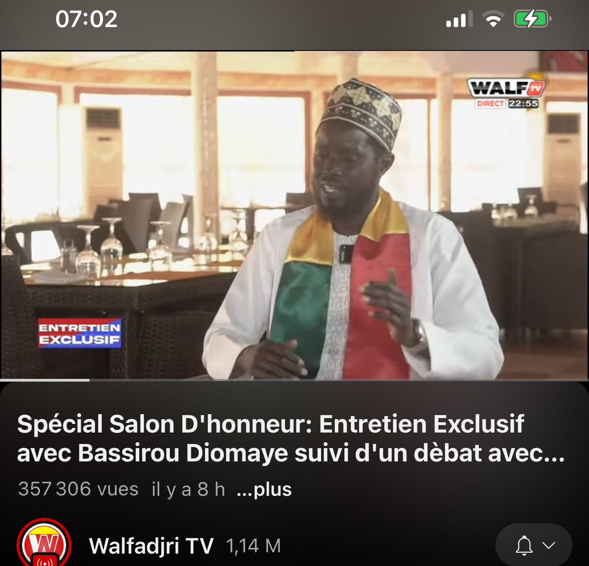 Bonjour, 20-03-2024 à 7h02, 

L'interview de votre futur président Mr Bassirou Diomaye Diakhar Faye a dépassé les 350 000 vues en moins de 10h sur la chaîne YouTube de Walfadjri.

Allez retirez vos cartes 📌