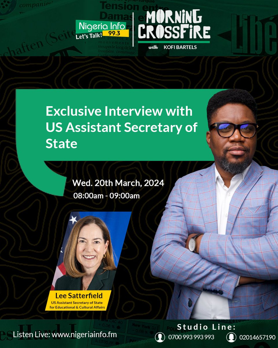 Now on the #MorningCrossfire, @Kofi_Bartels is in conversation with US Asst. Secretary of State for Educational & Cultural Affairs, Lee Satterfield. 

Join the conversation... #LetsTalk 

Listen LIVE here: 📻 nigeriainfo.fm/lagos/player
