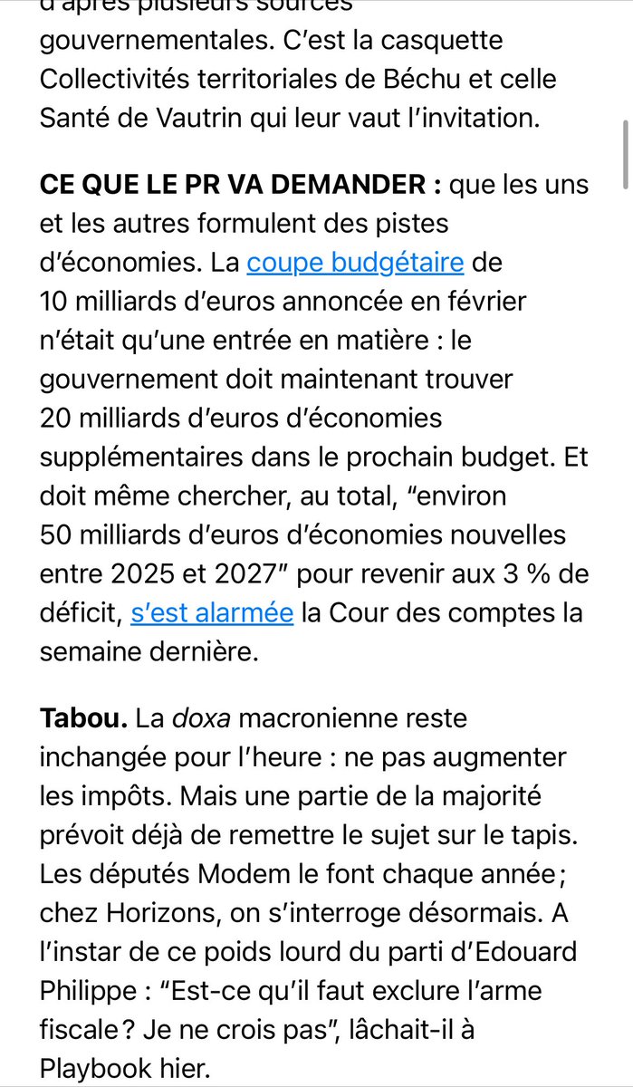 Emmanuel Macron tient 2 réunions aujourd’hui sur les finances publiques à l’Elysée : d’abord en petit comité avec Attal, Le Maire, Béchu et Vautrin, puis ac les ténors de la majo, histoire de les pousser à faire des propositions (l’abo gratis c’est là politico.eu/newsletter/pla…)