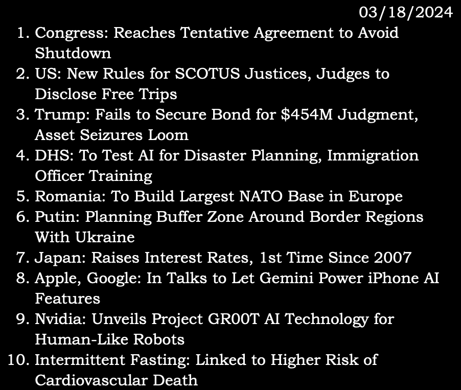 tspuser2605's tweet photo. 03/18/2024 (Monday)
source: via.linktree
#Congress #shutdown #SCOTUS #DonaldTrump #DHS #AI #Romania #NATO #Europe #VladimirPutin #Ukraine #Japan #InterestRates #Apple #Google #Gemini #iPhone #Nvidia #GR00T #IntermittentFasting https://t.co/N9mhBy1HHR