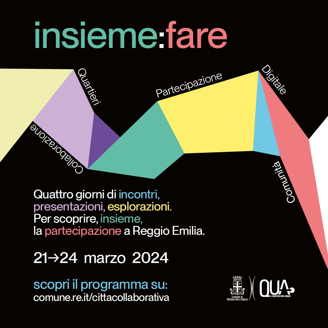 📆 21-24 marzo:  "Insieme:fare".
Quattro giorni per scoprire la partecipazione a Reggio Emilia. Persone, luoghi, storie di collaborazione civica nei quartieri. Super ospiti Ezio Manzini e Maura Gancitano. Tantissime attività per tutti. Scopri di più 👉 bit.ly/insiemefare