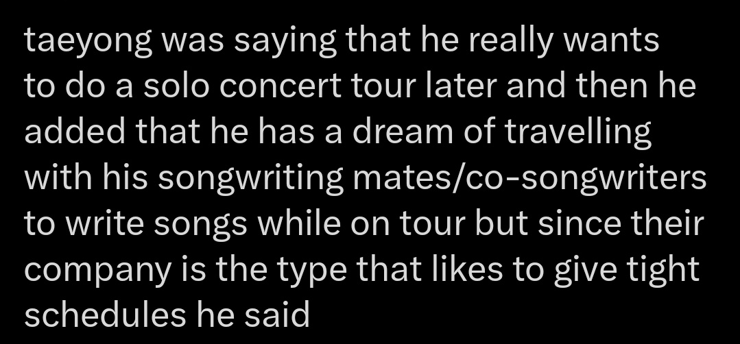 sm ประกาศว่าจะเร่งกิจกรรม solo ของมบ. nct ออกอัลบั้มและทัวร์คอนต่างๆเพื่อลดการเว้นระยะของวงเนื่องจากทยอยเข้ากรม อุบาทว์ป้ะ ตอนแทยงออกโซโล่มันไม่ให้ทัวร์คอนเลย สปอยที่ฟิลิปปินส์ก็ยกเลิก แทยงพึ่งพูดในไซน์ด้วยว่าอยากเวิลทัวร์แต่ค่ายเป็นประเภทที่ชอบให้งานแน่นจนเขายอมแพ้แล้ว โคตรเหี้ย