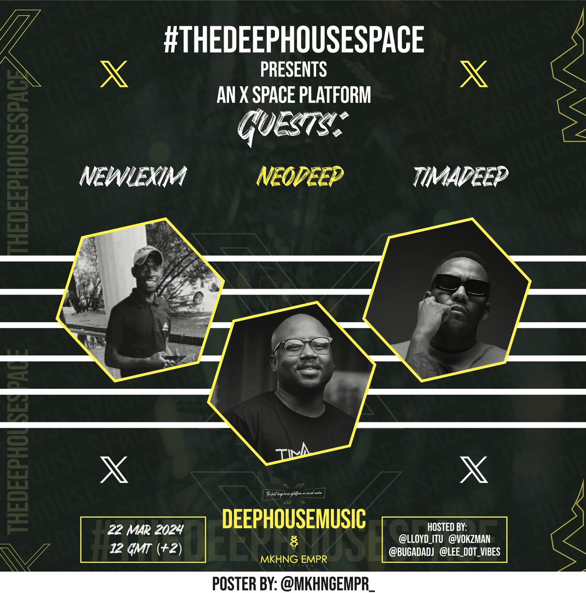 For the love of #deephouse the love of beats &amp; dance we present #TheDeepHouseSpace🎙️

Lineup for Fridays instalment of #TheDeepHouseSpace 🎙️

 @neotumelolemeke
<a href="/TimAdeep/">ＴＩＭ_ＮＯVΞＭ_KUＢＨΞKΛ</a>
<a href="/Newlexim7823/">Newlexim</a>

🗓️Friday 22 March 2024
🕰️12pm
📍X Spaces 
🎟️free