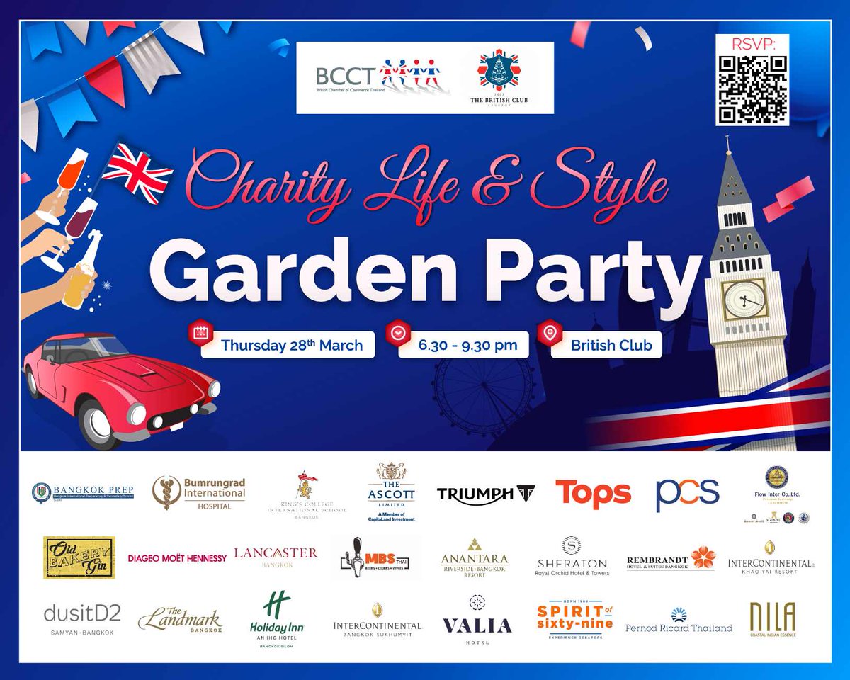 BritishClub1903's tweet photo. The Club is extremely excited to be teaming up again with BCCT to host this years Charity Life & Style Garden Party Thursday 28th March. We look forward to seeing all our members and friends there on the night. #bcct #britishclubbangkok @BCCThai https://t.co/hLH3xi5YJT