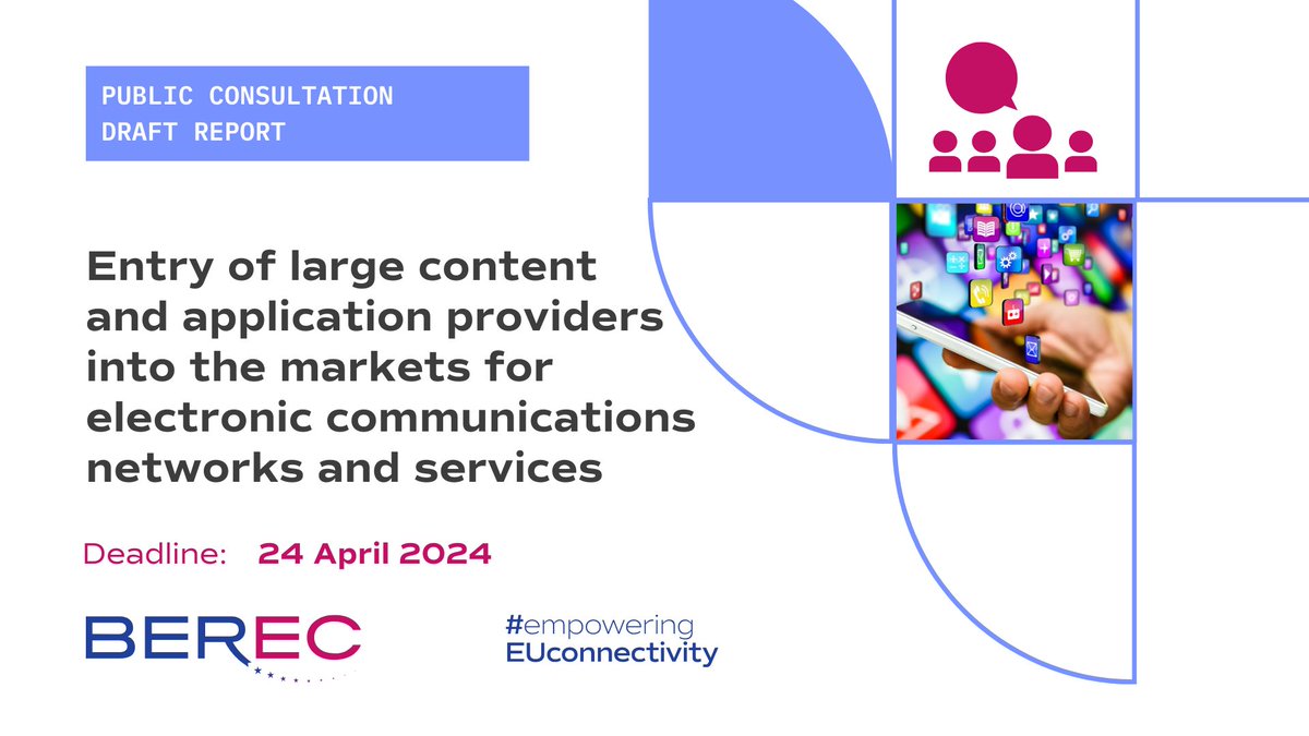 Entry of large content and application providers into the markets for electronic communications networks and services. Share your views within the #publicconsultation by 24 April 2024! More 👉 berec.europa.eu/en/public-cons… #empoweringEUconnectivity #CAPs #market