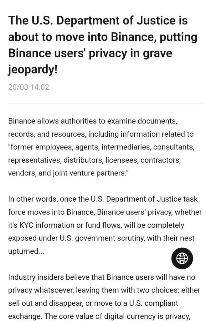 coinlive.com/news-flash/469… The U.S. Department of Justice is about to move into Binance, putting Binance users' privacy in grave jeopardy!