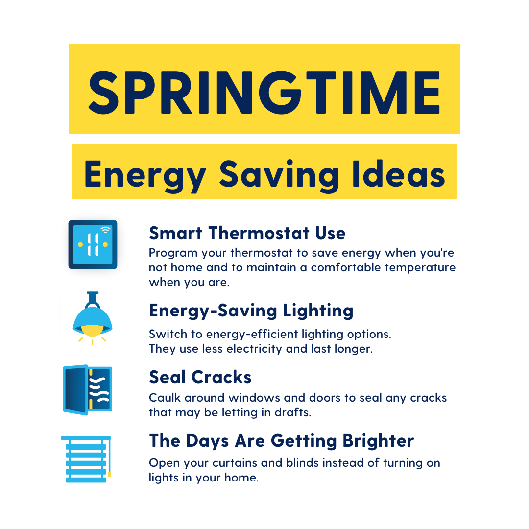 🌼🌱 Here are some tips for saving energy this Spring 1️⃣ Program your thermostat to save energy when you're not home 2️⃣ Switch to energy-efficient lighting options 3️⃣ Open your curtains and blinds instead of turning on lights Let's make Spring a season of sustainability! 🌍💚