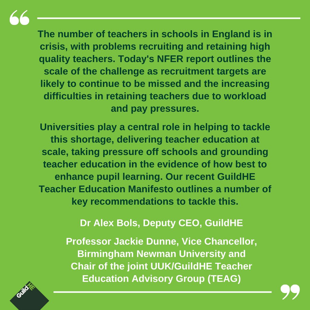 Today’s report from @TheNFER outlines the scale of teacher recruitment/retention challenges. @AlexBols Deputy CEO @GuildHE & @ProfJDunne VC @Newman_Uni publish a @Wonkhe blog ‘Tackling the shortage of teachers in schools: the role of universities’. Read ➡️ bit.ly/3TFihoq