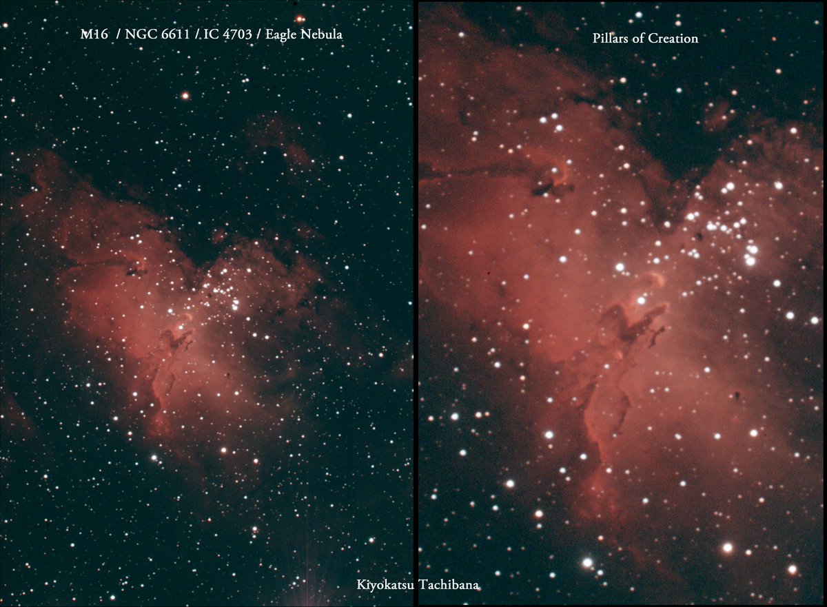 M16 / NGC 6611 / IC 4703 / Eagle Nebula
Pillars of Creation
2024/03/20 03:50:06

Celestron Edge HD800 + Reducer 0.7x
ZWO ASI294MC PRO
Filter SIGHTRON CometBP 48mm

Gain 120
Exp 120
Stack 30

#わし星雲
#創造の柱
