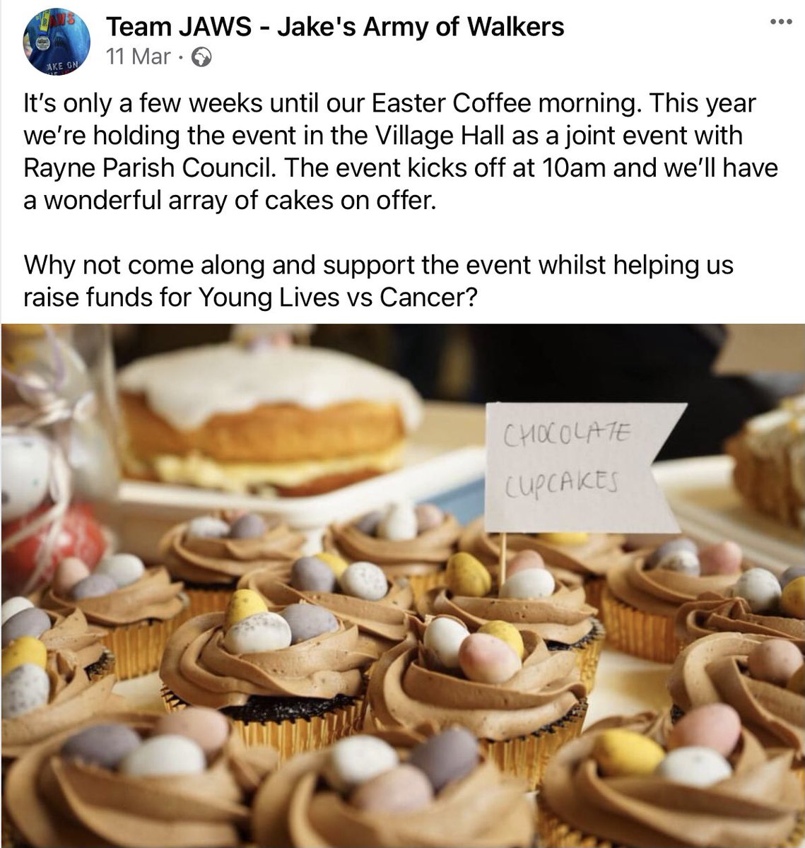 Come and join us SATURDAY 30th MARCH.  For coffee/tea/juice/hot chocolate, delicious cakes and biscuits.  Entry and refreshments are free but donations gratefully accepted to help us raise funds for Young Lives vs Cancer.
We will be at the Village Hall from 10-12.30.