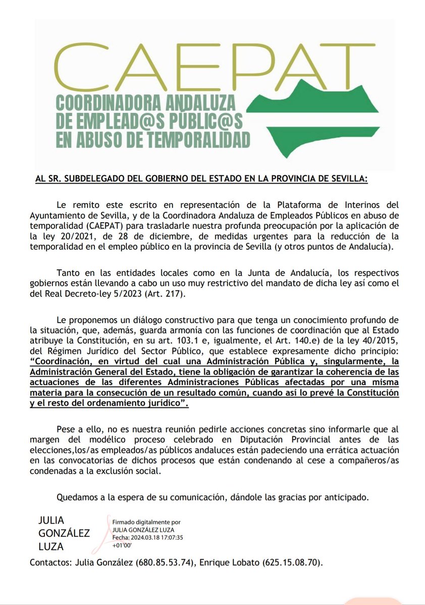 Hemos solicitado una reunión con el Subdelegado del Gobierno en Sevilla <a href="/SubdeGobSevilla/">Subdelegación del Gobierno en Sevilla</a> 
La preocupación y la defensa del personal público en abuso de la temporalidad y el cumplimiento del Derecho de la Unión debe ser una prioridad 

#FijezaYa