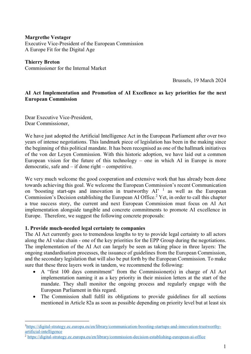 Together with <a href="/EPPGroup/">EPP Group</a> colleagues, we call for a “first 100 days commitment” on #AI from the next 🇪🇺 Commission.
 
👉Provide legal certainty on #AIAct implementation
👉Emphasize international cooperation
👉Promote #AI excellence
 
Full letter with our proposals below ⬇️