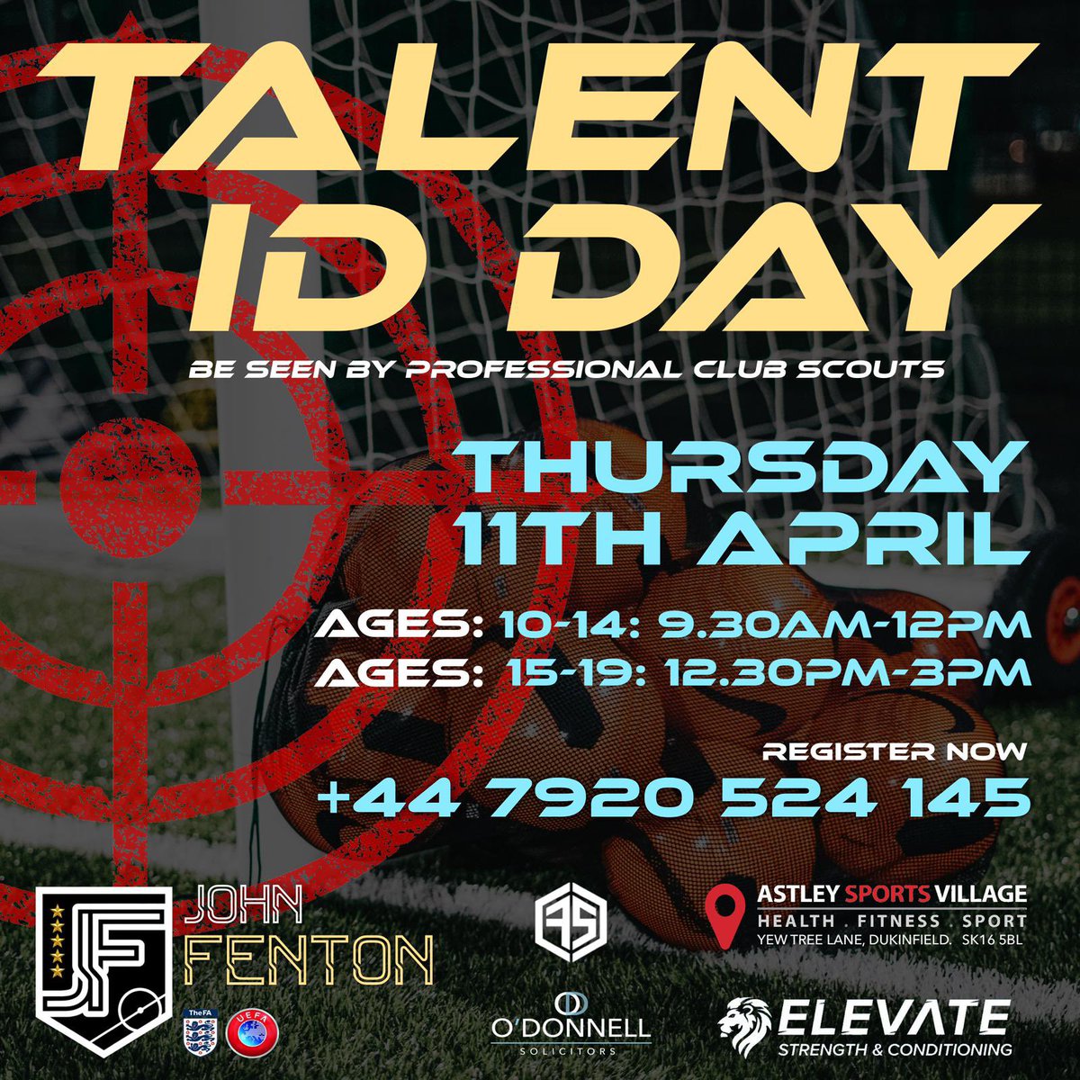 Talent ID Day Thursday 11th April Manchester

Get seen by Pro Club Scouts 

Get coached by Pro Club Coaches 

#soccertrial #footballtrial #scouted #premierleague 

@johntechnicalsoccer @eddie_leach_91 @elevate_strength_conditioning @astleysportsvillage