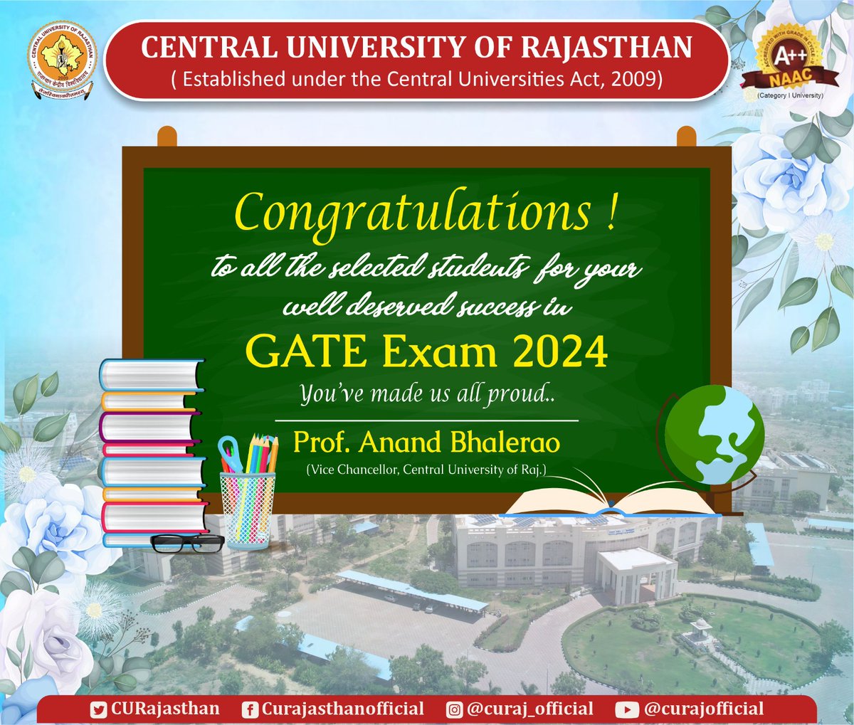 CURajasthan's tweet photo. Congratulations to all the brilliant minds who have cleared #GATE2024! Your hard work and dedication have paid off dear students. Wishing you all the best for the new chapter of your academic journey. Keep shining bright! @HRDMinistry 
Prof Anand Bhalerao
Vice Chancellor https://t.co/yMhZPkZN3h
