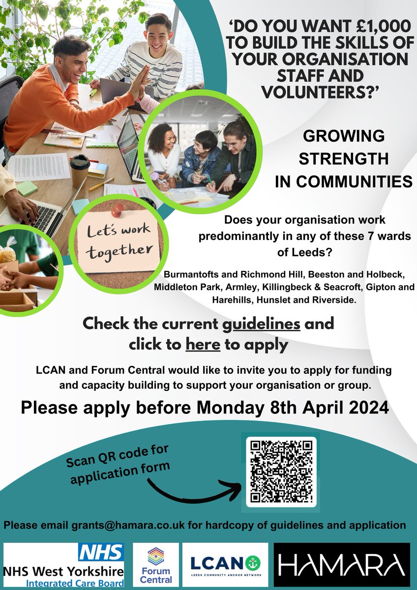 The Leeds Community Anchor Network are offering free organisational development training & a £1,000 development grant for groups/orgs with a turnover of less than £25k per year, working in any of the 7 priority wards; thanks to funding from @WYpartnership Pls share far & wide