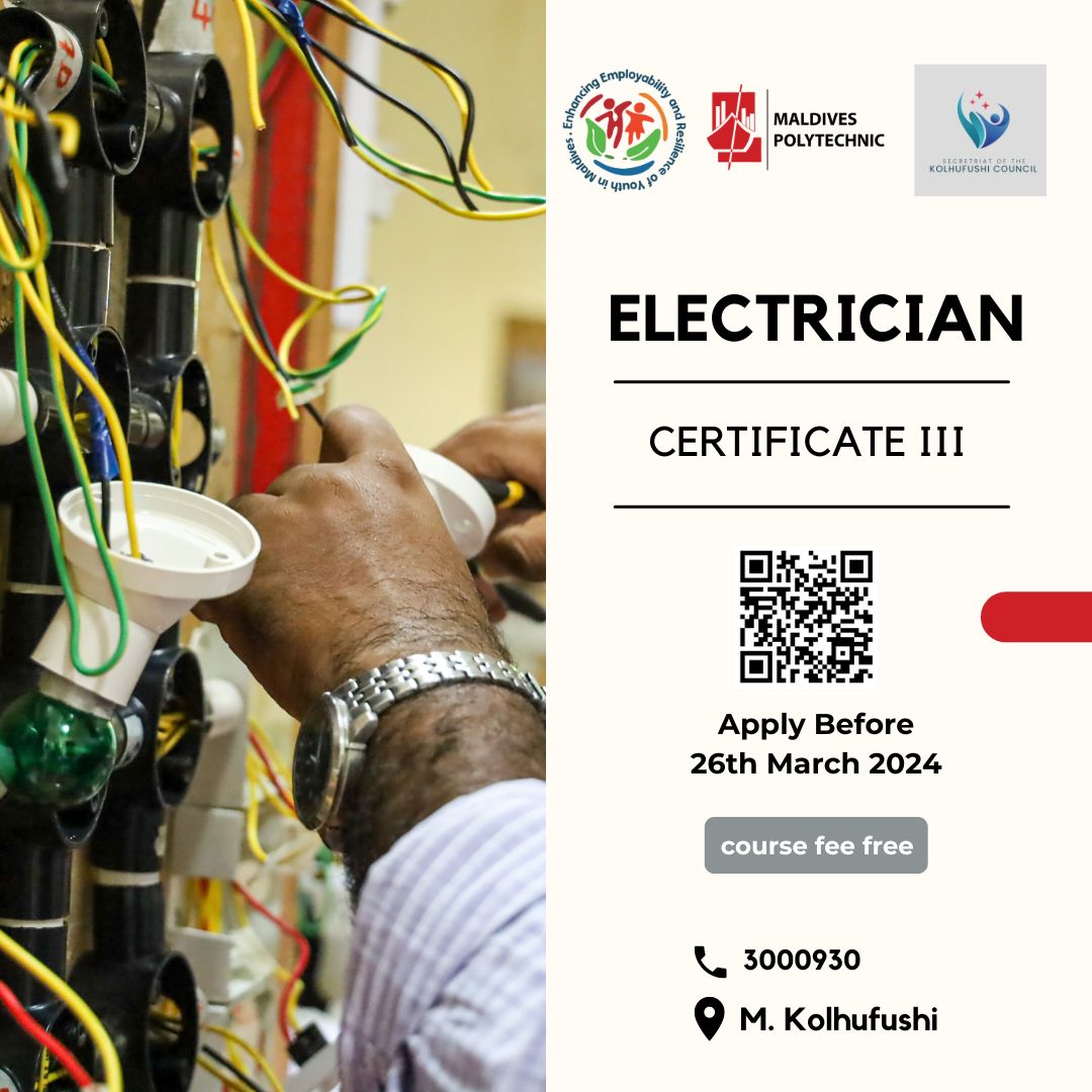 ⚡ Exciting News! ⚡ We're thrilled to announce the Certificate 3 in Electrician 📍 Course Location: M. Kolhufushi 🌐 Apply Online: forms.gle/VfQCohouvwFBHi… Apply before: 26th March 2024 @mohemv_ @MEERYProject