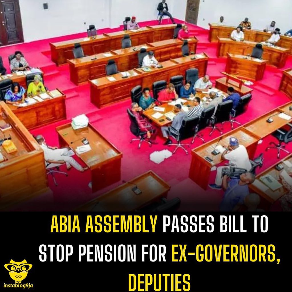 instablog9ja's tweet photo. Abia Assembly passes bill to stop pension for ex-governors, deputies

The Abia State House of Assembly on Tuesday passed a bill to stop payment of pensions to former governors and their deputies in the state. https://t.co/4NjLlcQDXI