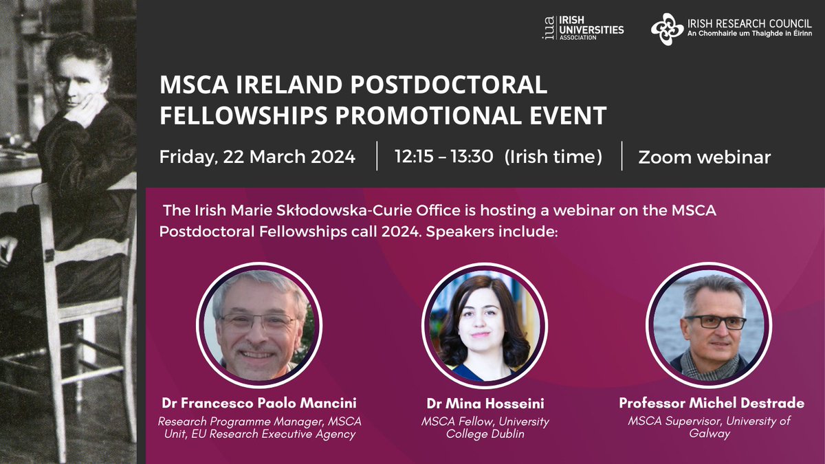 This Friday the @mariescurie_ire office is hosting a webinar on the MSCA Postdoctoral Fellowships call 2024. ⏰12:15 – 13:30 📍Online via Zoom 👉Click here to register: us02web.zoom.us/webinar/regist… @IrishResearch