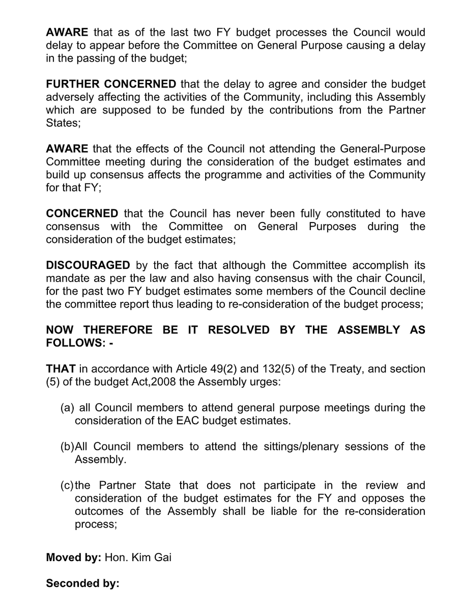 Motion of the Assembly urging the Council of Ministers to attend the meetings of the General Purpose Committee during the consideration of the budget estimates moved by Hon @KimGai2