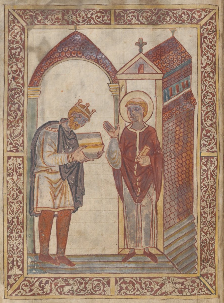 It's St Cuthbert's day, so here's King Æthelstan (d. 939) presenting a book to him. It's the earliest manuscript illustration of an English monarch.