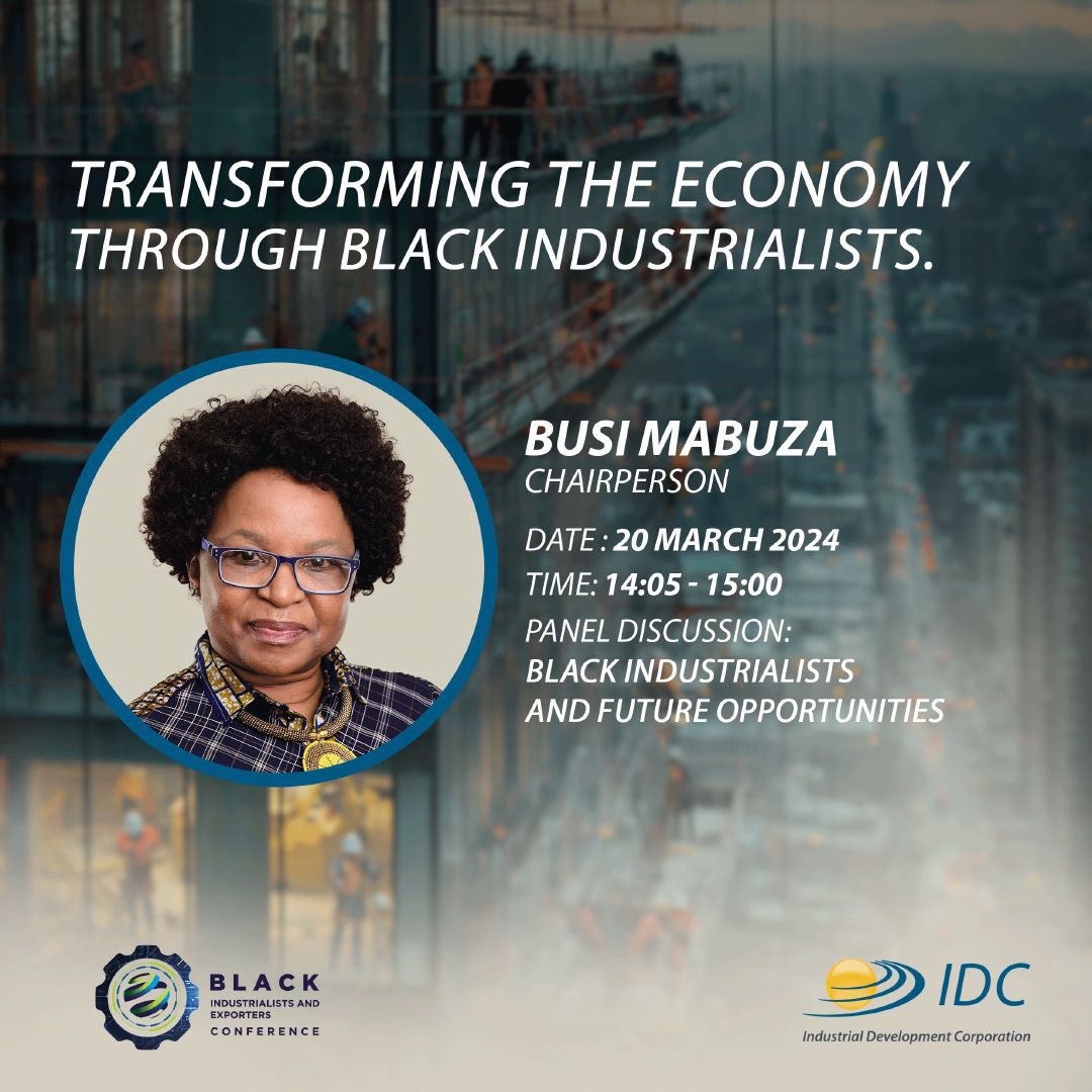Catch the IDC live in conversation at the Black Industrialists and Exporters Conference today, as we highlight our contribution to economic transformation and catalysing industries.

IDC's Chairperson, Busi Mabuza and Interim CEO, David Jarvis, will be participating in the