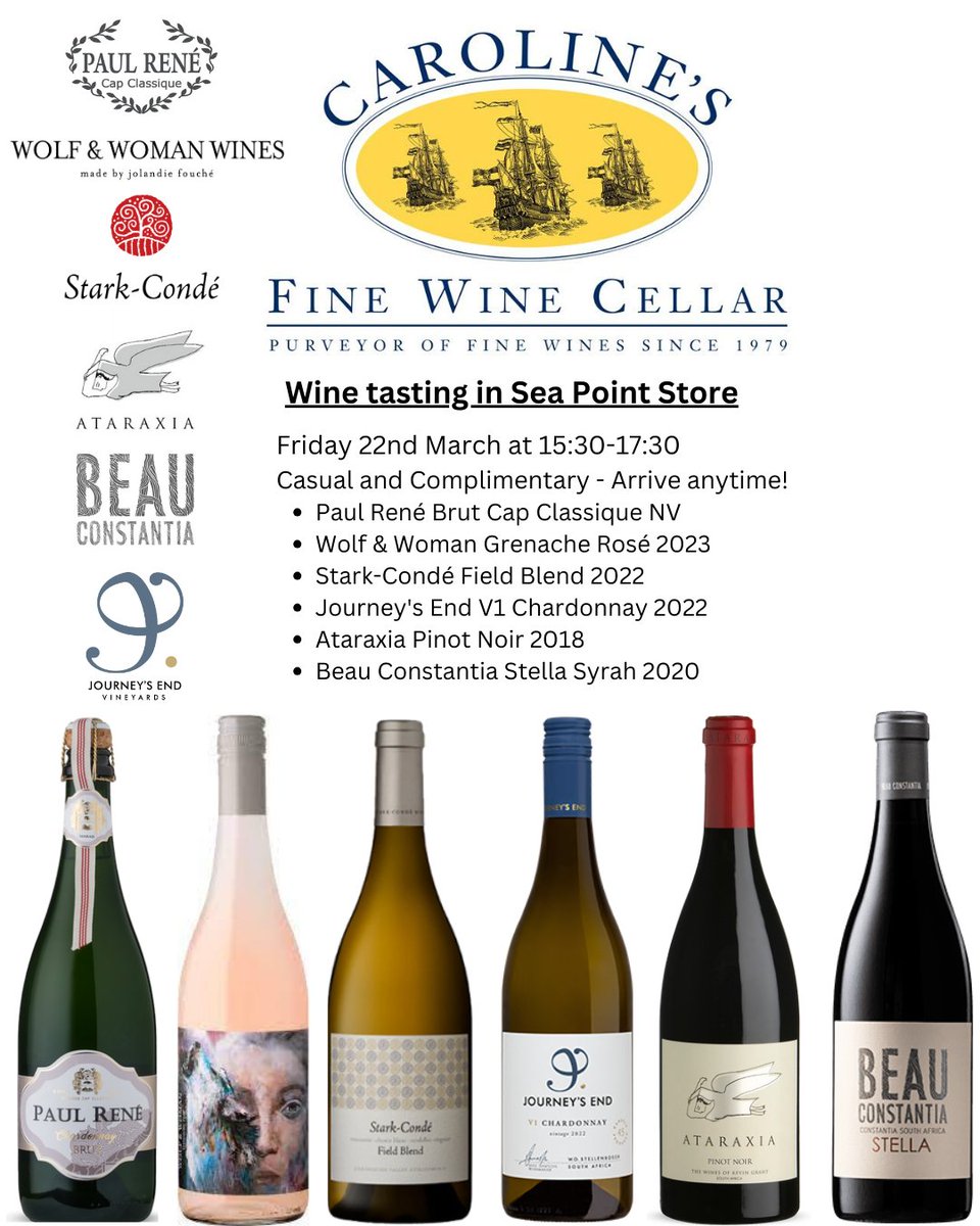 Caroline's Sea Point (@cfwcstrandstr) on Twitter photo Join us for a very unique tasting of the best by producers such as <a href="/starkcondewines/">Stark-Conde Wines</a> <a href="/AtaraxiaWines/">Ataraxia Wines</a> <a href="/beauconstantia/">Beau Constantia</a> <a href="/JourneysEndWine/">Journey's End Wine</a> <a href="/paulrenemcc/">paulrenemcc</a> and #wolfandwomanwines <a href="/jolandie_fouche/">jolandieFouche</a> #capclassique #grenacherose #chardonnay #pinotnoir #syrah Join us for a very unique tasting of the best by producers such as <a href="/starkcondewines/">Stark-Conde Wines</a> <a href="/AtaraxiaWines/">Ataraxia Wines</a> <a href="/beauconstantia/">Beau Constantia</a> <a href="/JourneysEndWine/">Journey's End Wine</a> <a href="/paulrenemcc/">paulrenemcc</a> and #wolfandwomanwines <a href="/jolandie_fouche/">jolandieFouche</a> #capclassique #grenacherose #chardonnay #pinotnoir #syrah
