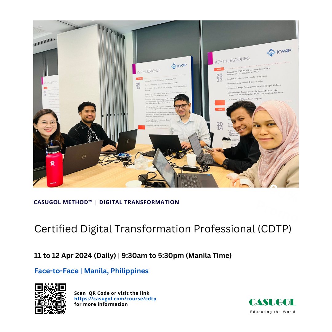 casugol's tweet image. Formulate and implement a #digitaltransformation strategy using #CASUGOLMethod™ that aligns with the organization’s goals and objectives regardless of Industry Verticals.

Enrol at casugol.com/course/cdtp

Online Zoom | Self-paced Learning Available too

#casugol
