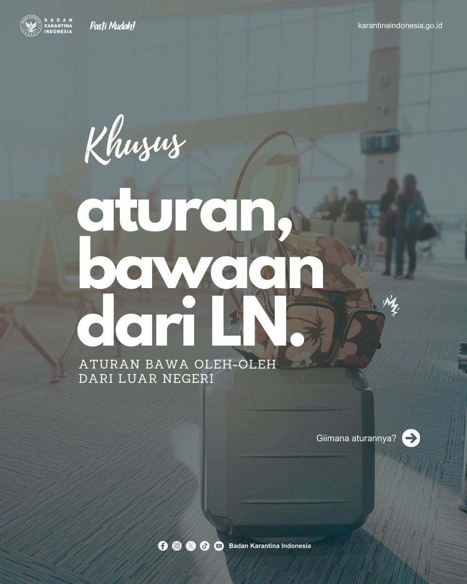 BarantinRI's tweet photo. Bawa Oleh2 dari LN, Gini Loh Aturannya! (baca sampai slide terakhir)

Lagi ramai nih sobatQ tentang aturan barang bawaan dari luar negeri. 

#KarantinaIndonesia #Oleholeh #BawaanPenumpang #luarnegeri #bagasi https://t.co/uuPFQouVqD