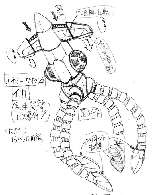 @itigodihuku_kai ⚫のり眉犬さんへ
こんなのいかがでしょうか❓
→エネミーウオッシュ『イカ型』
高速で敵に突撃をかける『自爆タイプ』のエネミーウオッシュ。
潜水艦や戦艦など大きな相手にはそのまま突撃し、パーソナルダイバーなど小さい相手は足を絡めて固定してから自爆する。
#ダイバーアクアリウム
 #Airデザ 