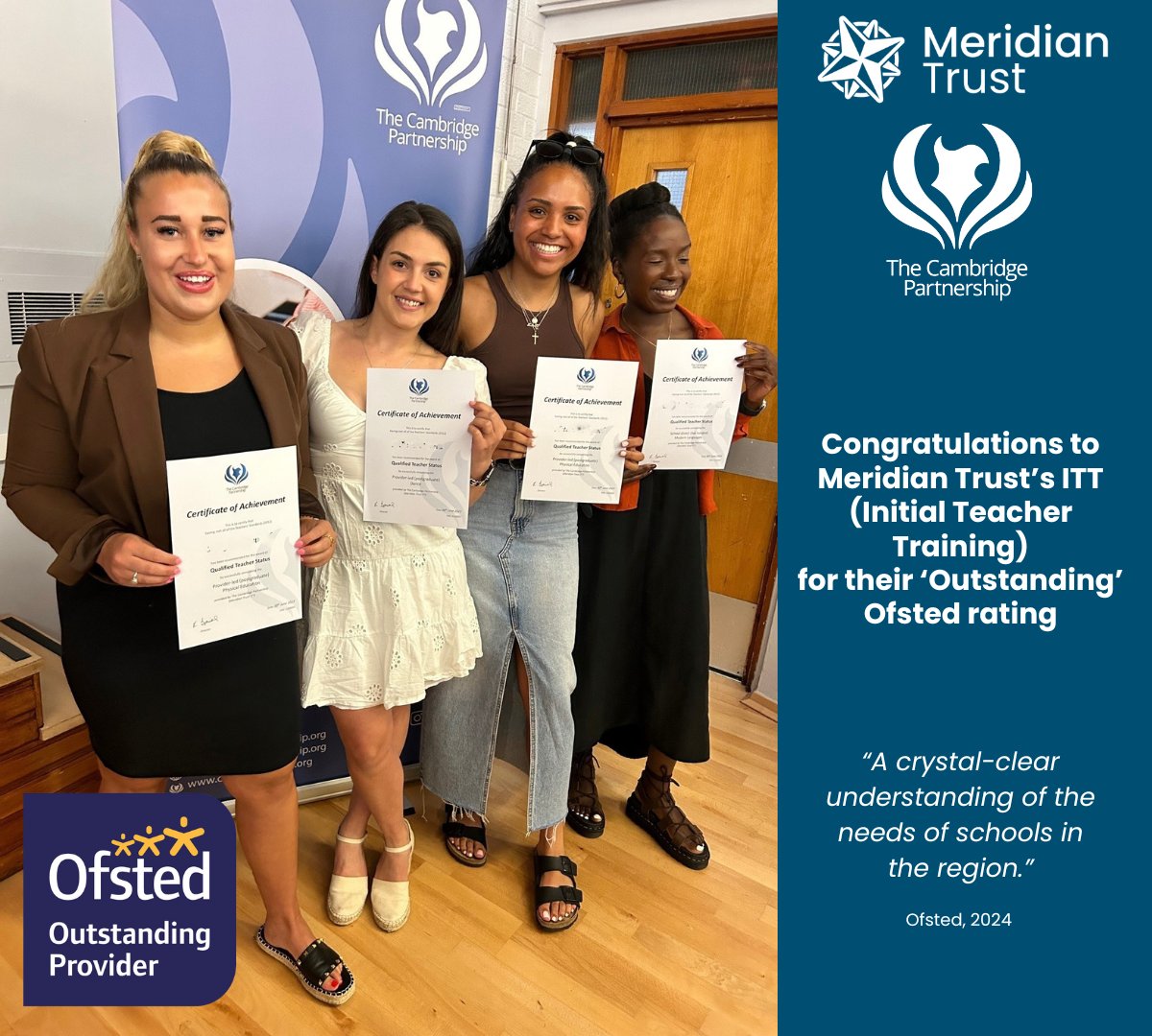 Meridian Trust’s ITT provider celebrating outstanding Ofsted.
Huge congratulations to Richard Davies and the ITT team, along with all the many subject leads, mentors and supporters.