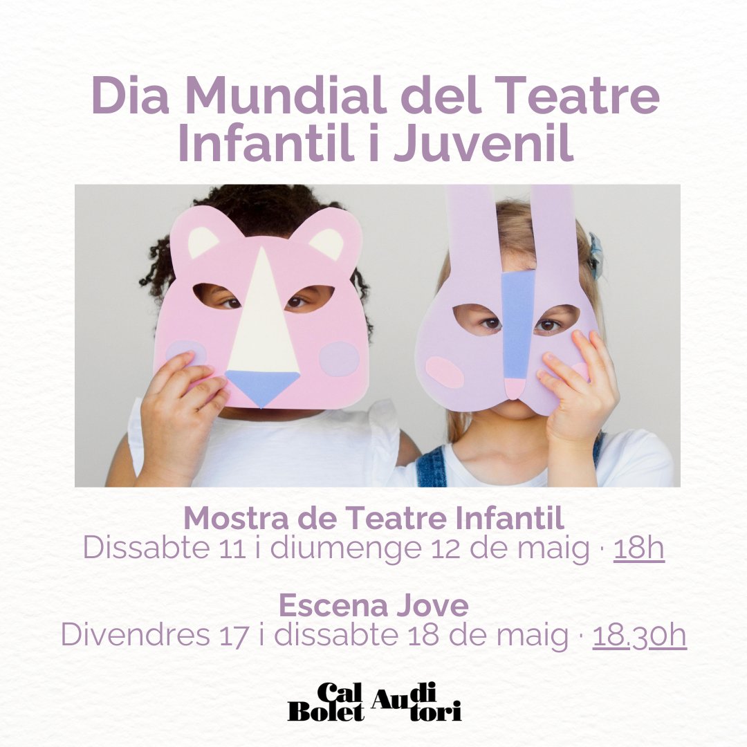 🎭 Avui, Dia Mundial del Teatre Infantil i Juvenil us anunciem que els propers dissabte 11 i diumenge 12 de maig podrem veure a Cal Bolet la Mostra de Teatre Infantil i el cap de setmana següent, divendres 17 i dissabte 18, l'Escena Jove. #espectaclesvila #culturavilafranca