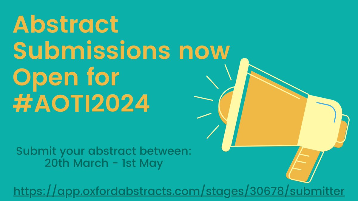 📣📣Abstract submissions are now OPEN for #AOTI2024. 
Please see AOTI website for submission guidelines: aoti.ie/conference/Cal…
and register an account with Oxford to submit your abstract: ow.ly/ThrX50QUrc8
Deadline for submissions is the 1st of May.