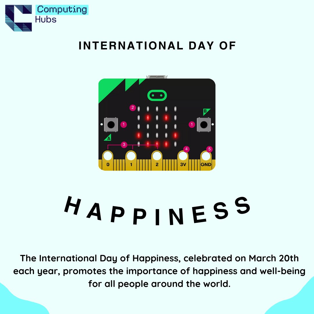 😀March 20th- International Day of Happiness This year’s theme ‘Happier Together’ reminds us that we should never be afraid to ask for support. The NCCE offer a range of high-quality support, including free resources and training courses. Find out more- teachcomputing.org