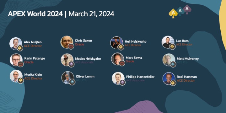 Oracle ACE Program (@oracleace) on Twitter photo APEX World 2024 by <a href="/nl_OUG/">nlOUG</a> starts tomorrow!
Take a look at the agenda and pick your favorite sessions now! 👉
<a href="/alexnuijten/">Alex Nuijten</a> <a href="/HeliFromFinland/">Heli Helskyaho</a> <a href="/lucb_/">luc bors</a> <a href="/Matt_Mulvaney/">Matt Mulvaney</a> <a href="/commi235/">Moritz Klein</a> <a href="/OliverLemm/">Oliver Lemm</a> <a href="/phartenfeller/">Philipp Hartenfeller</a> <a href="/RoelH/">Roel 😎</a>
social.ora.cl/6017XzUpR
#OracleACE APEX World 2024 by <a href="/nl_OUG/">nlOUG</a> starts tomorrow!
Take a look at the agenda and pick your favorite sessions now! 👉
<a href="/alexnuijten/">Alex Nuijten</a> <a href="/HeliFromFinland/">Heli Helskyaho</a> <a href="/lucb_/">luc bors</a> <a href="/Matt_Mulvaney/">Matt Mulvaney</a> <a href="/commi235/">Moritz Klein</a> <a href="/OliverLemm/">Oliver Lemm</a> <a href="/phartenfeller/">Philipp Hartenfeller</a> <a href="/RoelH/">Roel 😎</a>
social.ora.cl/6017XzUpR
#OracleACE