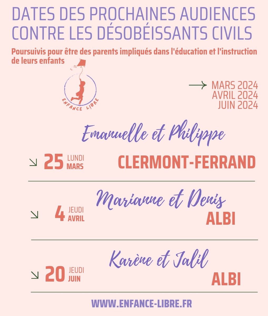 [📣Annonce procès⚖️]  

Après deux procès à Foix, en décembre et janvier dernier, qui se sont traduits par des amendes avec sursis, voici les prochaines dates de procès de résistant·es.