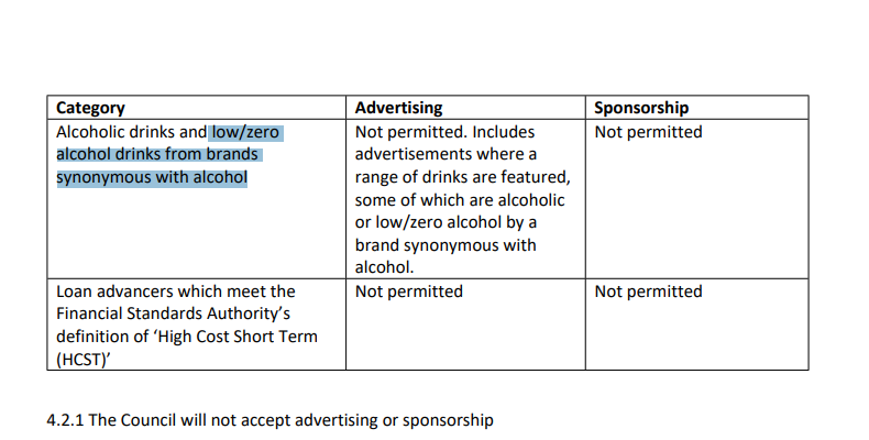 Sheffield council has barred alcohol products and 'low/zero alcohol drinks from brands synonymous with alcohol' from advertising on its billboards and other media. @SheffCouncil h/t @JHolmesSheff @adfreecities democracy.sheffield.gov.uk/documents/s667…