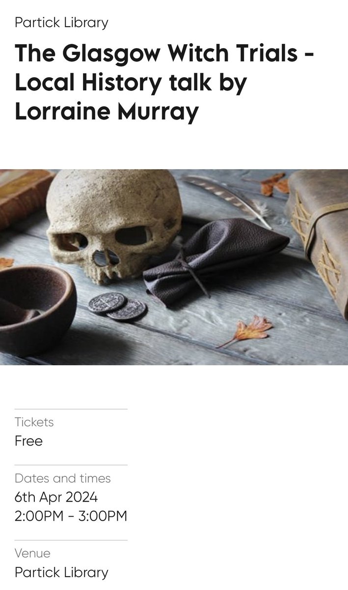 If you are interested in historic witchcraft in Glasgow, come along to my talk for <a href="/glasgowlife/">Glasgow Life</a> <a href="/GlasgowLib/">Glasgow Libraries</a> at Partick Library, Sat 6 Apr 2pm  glasgowlife.org.uk/event/1/the-gl…