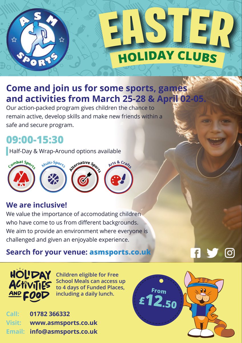 ASMSportsuk's tweet photo. 🚨 Reminder of our amazing Holiday club Programme over Easter! 
Don’t miss out! 
Email https://t.co/6dHC8DTB06 
Call: 01782 366332
🏏⚽️🏉🥎🎳 https://t.co/XmQujRX0KK
