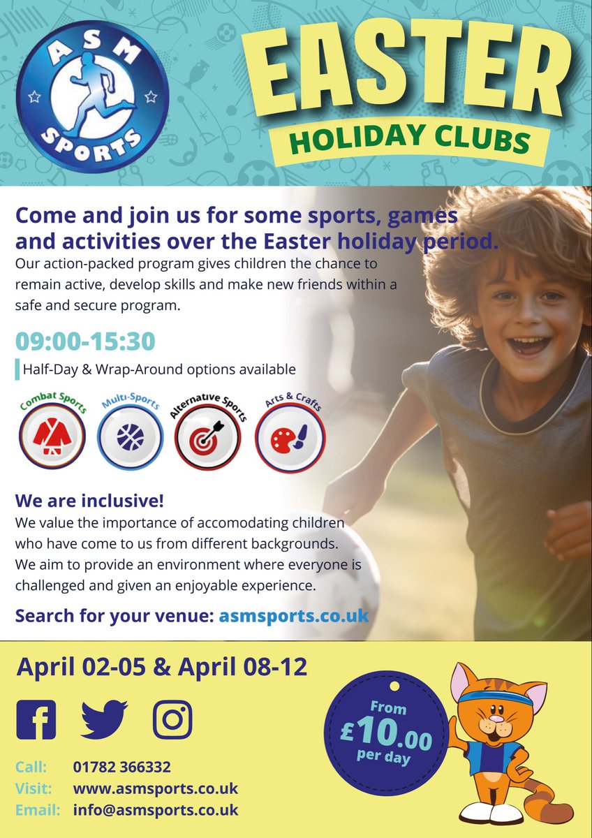 ASMSportsuk's tweet photo. 🚨 Reminder of our amazing Holiday club Programme over Easter! 
Don’t miss out! 
Email https://t.co/6dHC8DTB06 
Call: 01782 366332
🏏⚽️🏉🥎🎳 https://t.co/XmQujRX0KK