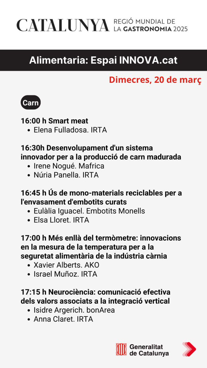 La cuina tradicional catalana, basada en aliments de proximitat i productes @DOP_IGP_cat; la producció agrícola i ramadera sostenible, i la innovació en productes càrnics centren avui les nostres activitats a @AlimentariaBCN 
#CRMG25