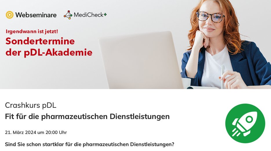 Aufgrund der hohen Teilnehmerzahlen im ersten pDL-Crashkurs Anfang des Monats bieten wir Ihnen noch einmal die Möglichkeit, sich jetzt für die pDL startklar zu machen. Seien Sie dabei!
21. März 2024 um 20 Uhr
Referentin: Apothekerin Sabine Haul
Anmeldung: pharma4u.de/apotheker/webi…