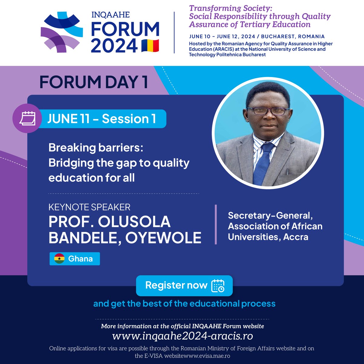 🗓️ Mark your calendars! We are honoured to announce that Prof. Olusola Bandele, OYEWOLE, Secretary-General of the Association of African Universities, will deliver a keynote address on June 11th (Session 1) of the upcoming #INQAAHEForum2024. More details: inqaahe.org/blog/forum-202…