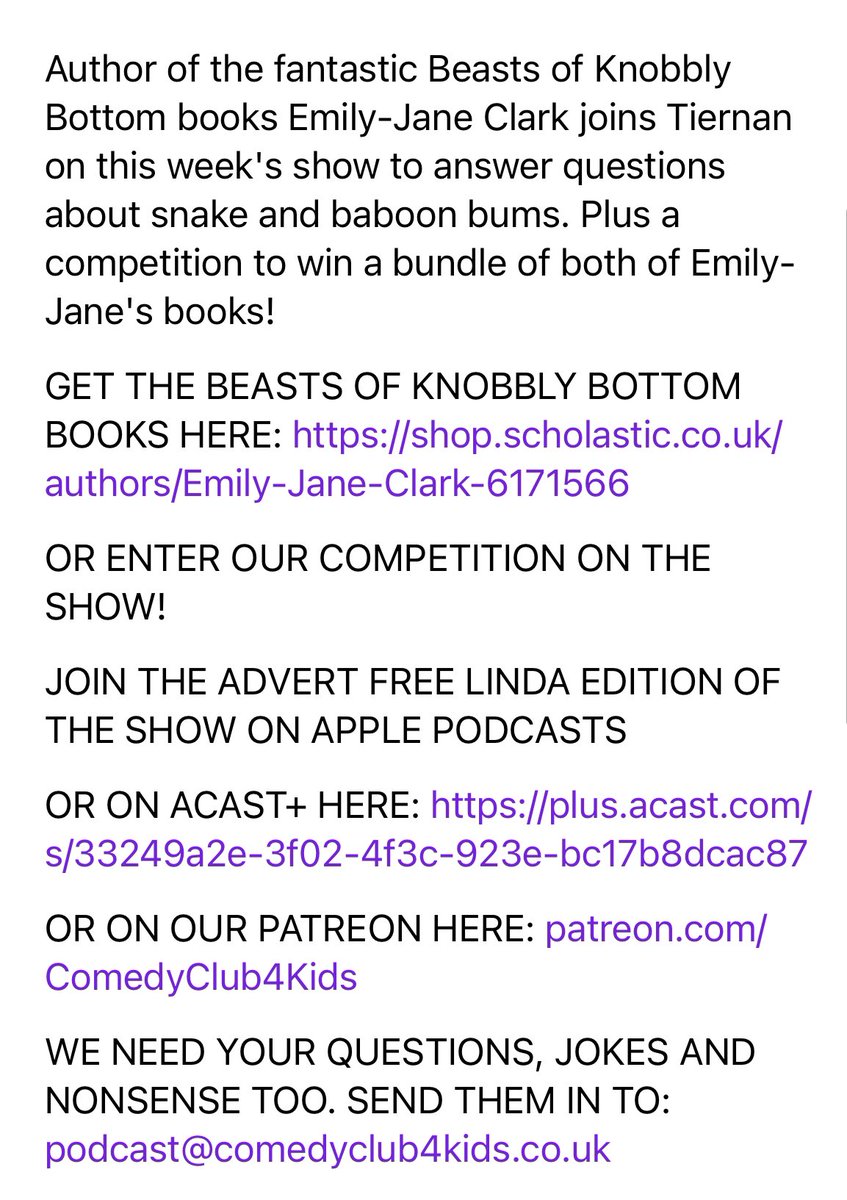 This week’s Radio Nonsense is with the very funny author of the Beasts of Knobbly Bottom books: @EmilyJaneClark. She joins @tiernandouieb to help answer Qs about snake bottoms. PLUS: A comp to win both Knobbly Bottom books! Get your kids to listen at: pod.fo/e/228e55