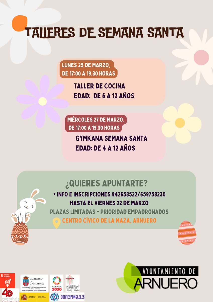 Os proponemos unos talleres de lo más interesantes para los niños esta Semana Santa. * Lunes 25 taller de cocina de 17 a 19:30 * Miércoles 27 de 17 a 19:30 Gymkana. No te quedes sin plaza.