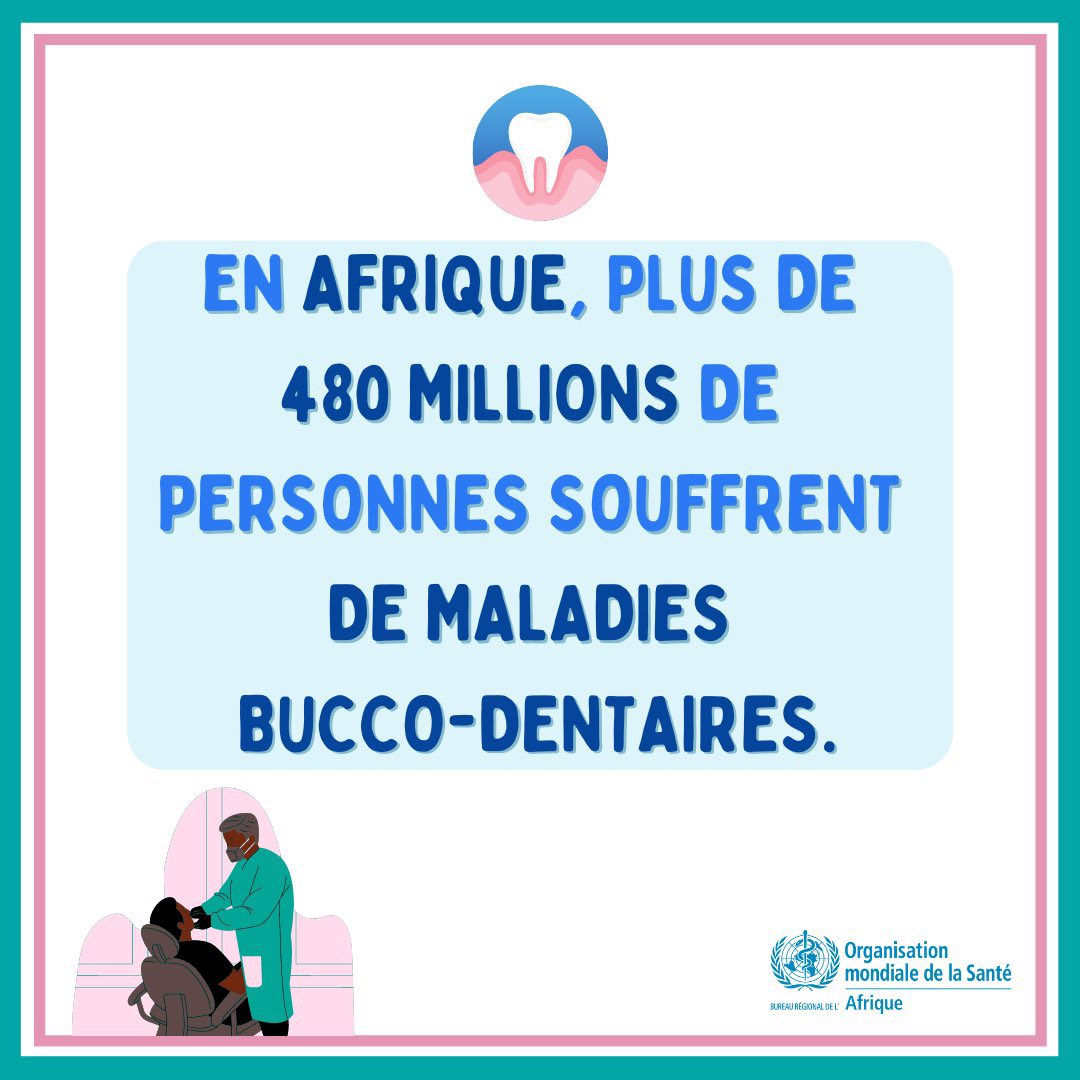 Journée mondiale de la santé #BuccoDentaire !
Les maladies bucco-dentaires sont très courantes dans   la Région africaine.
Sans traitement, elles peuvent causer :
🔴des douleurs
🔴de l’inconfort
🔴de la défiguration
🔴et même le décès

Prenez soin de votre #SantéBuccoDentaire🦷!
